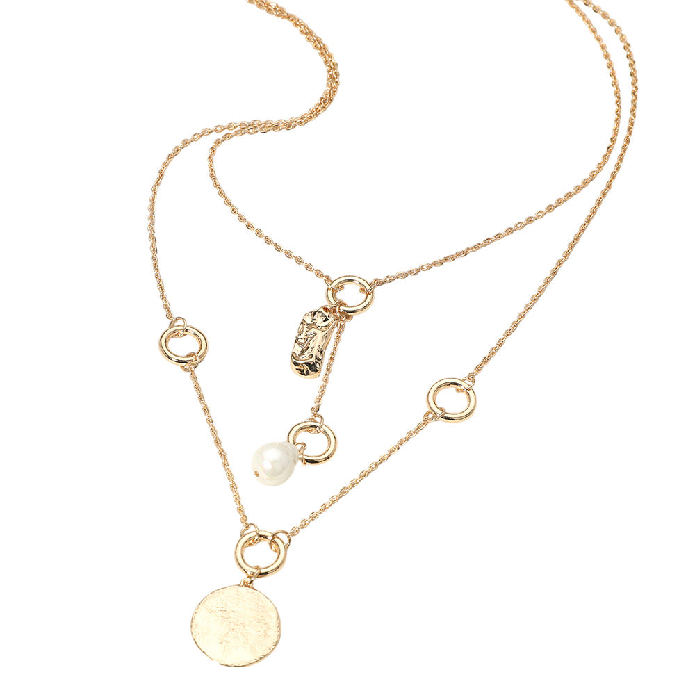 iLLASPARKZ Pearl Drop Round Medal Pointed Double Layered Necklace