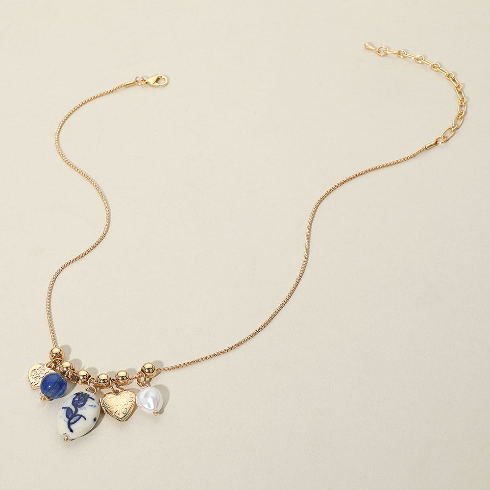 iLLASPARKZ Floral Oval Ceramic Pearl Heart Locket Charm Beaded Necklace