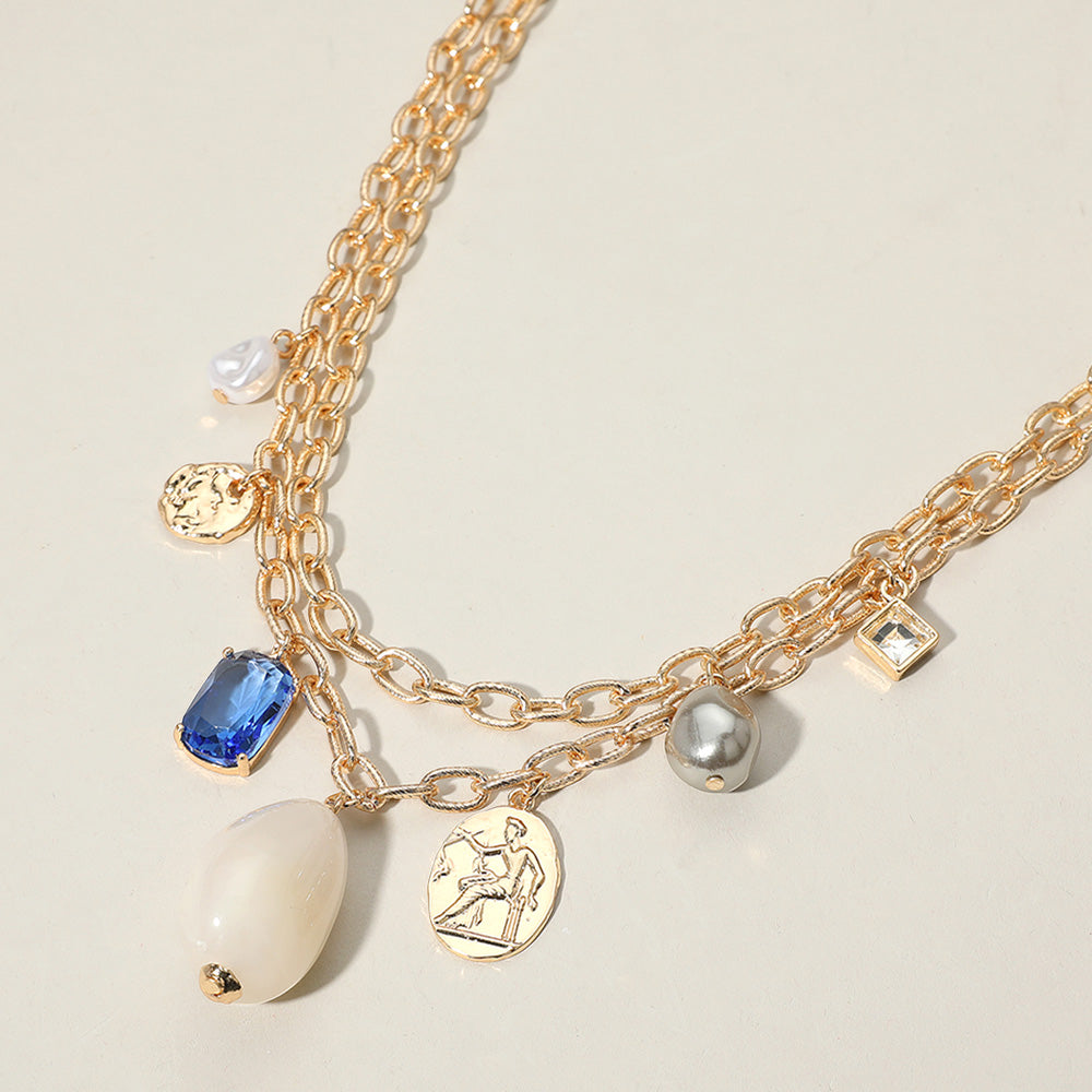 iLLASPARKZ Natural Stone Pearl Metal Coin Stone Cluster Charm Station Double Layered Necklace