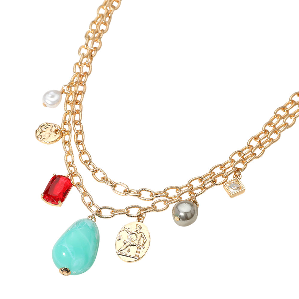 iLLASPARKZ Natural Stone Pearl Metal Coin Stone Cluster Charm Station Double Layered Necklace