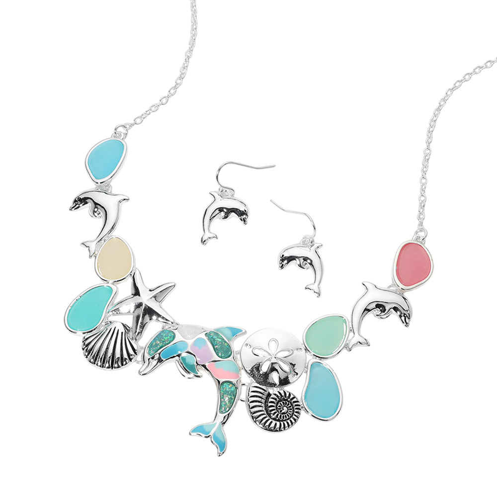 iLLASPARKZ Sea Glass Dolphin Metal Seashell Sand Dollar Starfish Embellished Necklace