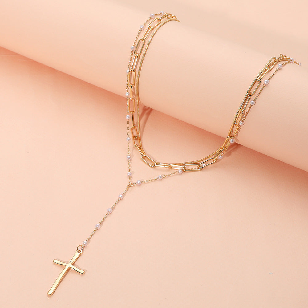 iLLASPARKZ Cross Pendant Pointed Pearl Paperclip Chain Layered Necklace