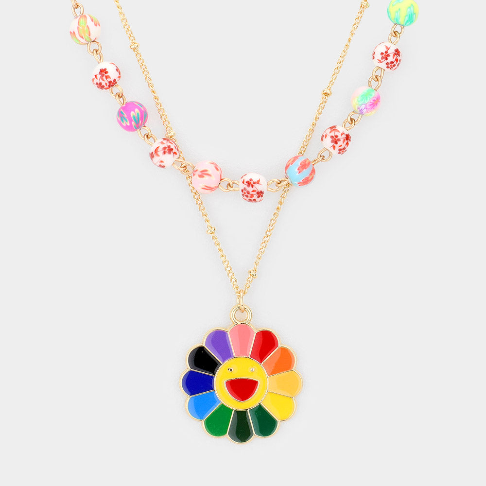 iLLASPARKZ Enamel Smile Pendant Flower Patterned Beaded Double Layered Necklace