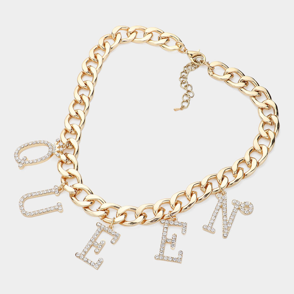iLLASPARKZ Stone Paved QUEEN Initial Message Station Chunky Chain Necklace