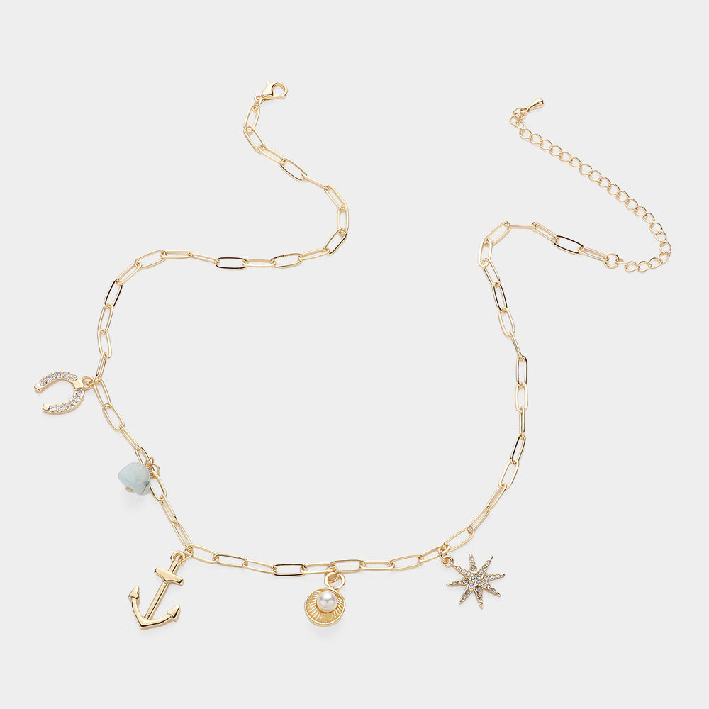 iLLASPARKZ Stone Paved Horseshoe Starburst Metal Anchor Pearl Shell Charm Station Paperclip Chain Necklace