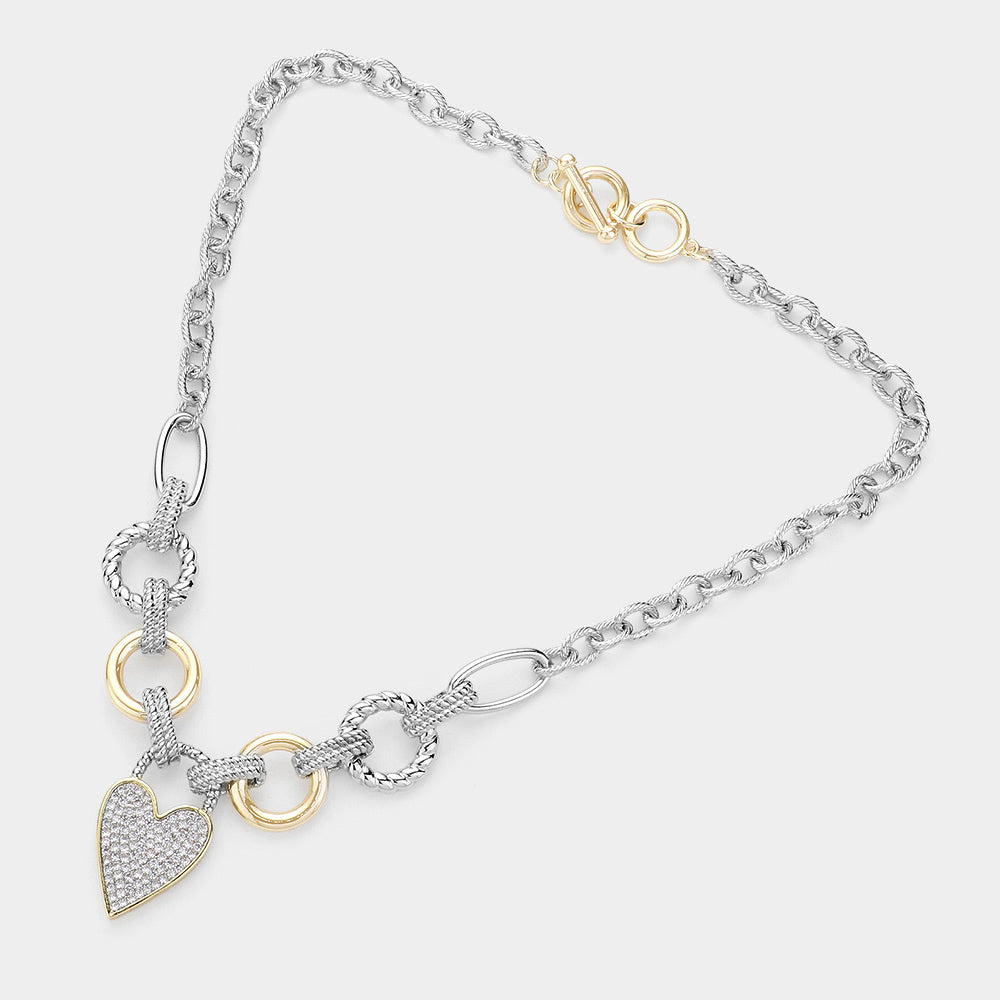 iLLASPARKZ 14K Gold Plated Two Tone CZ Stone Paved Heart Pendant Necklace