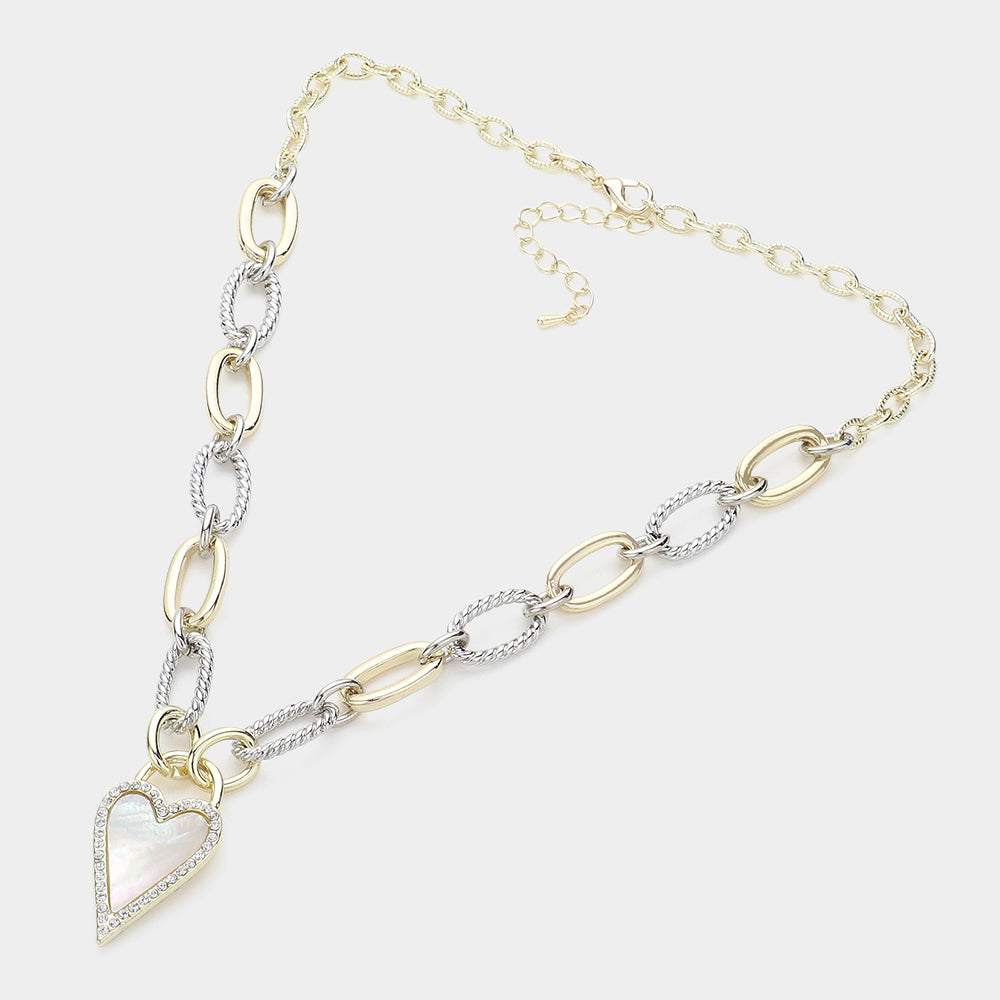 iLLASPARKZ Mother Of Pearl Heart Pendant 14K Gold Plated Two Tone Chain Link Toggle Necklace