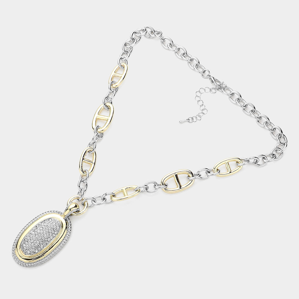 iLLASPARKZ 14K Gold Plated Stone Paved Oval Pendant Two Tone Bold Chain Necklace