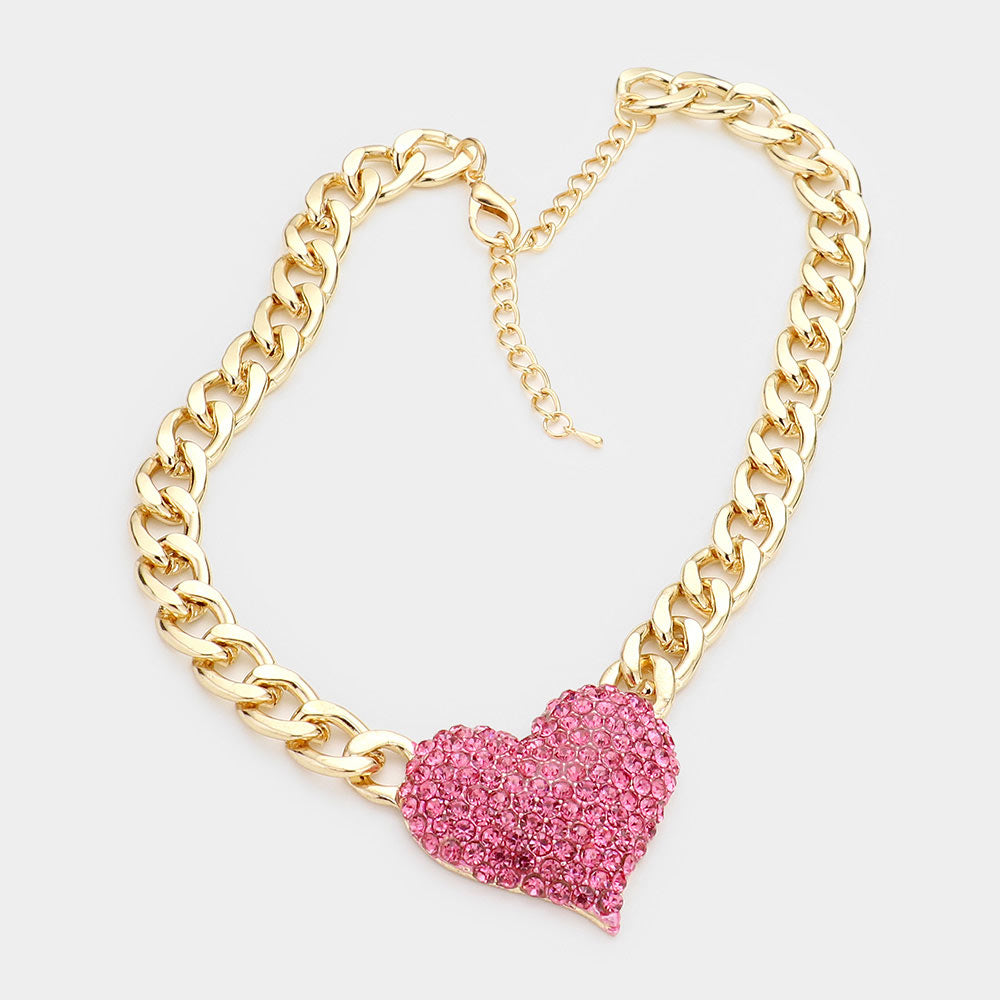 iLLASPARKZ Heart Rhinestone Pave Chunky Metal Chain Necklace