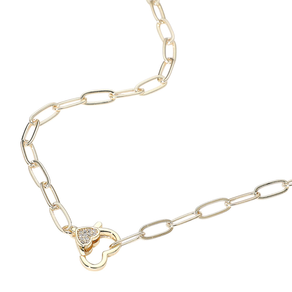 iLLASPARKZ 14K Gold Plated CZ Stone Paved Heart Clasp Pointed Paperclip Chain Necklace