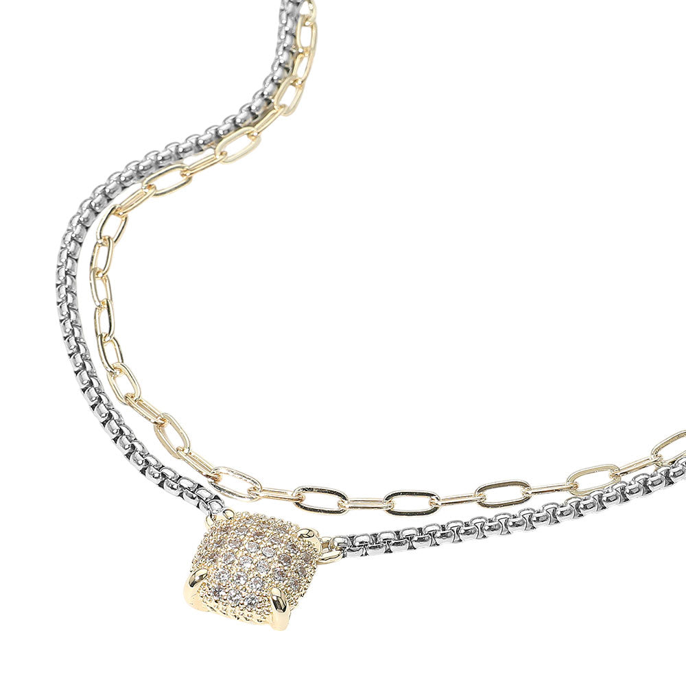 iLLASPARKZ 14K Gold Plated CZ Stone Paved Pendant Accent Two Tone Layered Chain Necklace