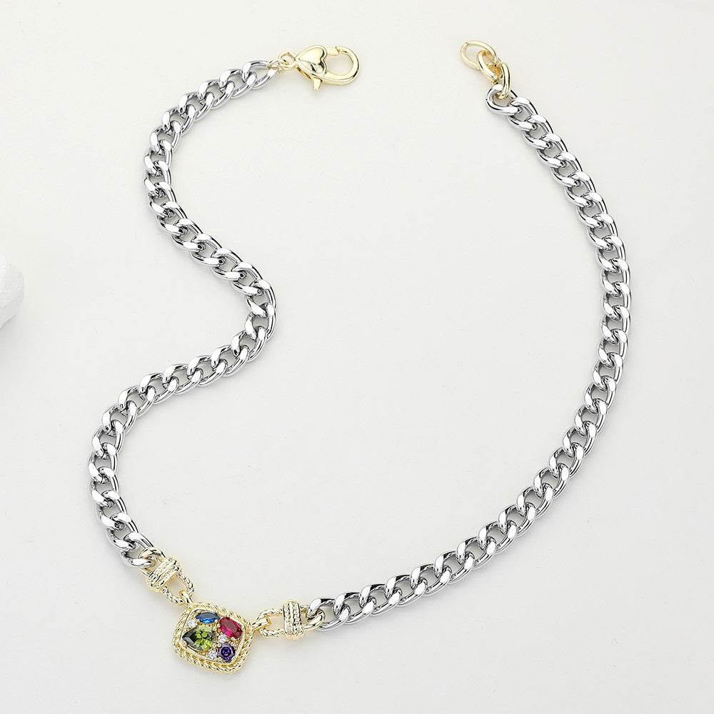iLLASPARKZ 14K Gold Plated Two Tone Colorful CZ Stone Embellished Rectangle Plate Accented Chain Necklace