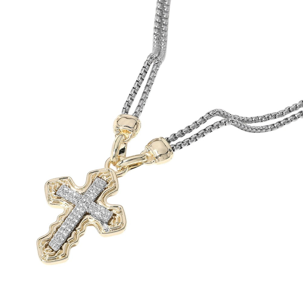 iLLASPARKZ 14K Gold Plated CZ Stone Paved Cross Pendant Double Chain Necklace