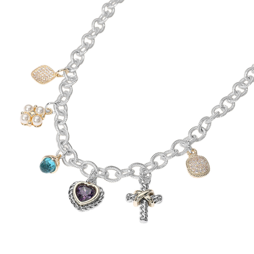 iLLASPARKZ 14K Gold Plated CZ Heart Stone Pearl Cluster Metal Cross Charm Station Necklace