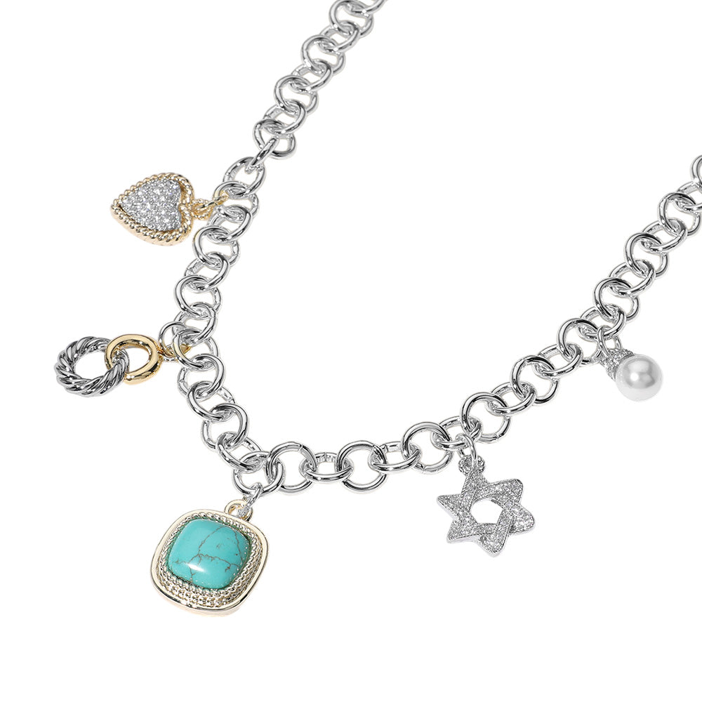iLLASPARKZ 14K Gold Plated CZ Stone Paved Heart Jewish Star Pearl Western Turquoise Stone Cluster Charm Station Necklace