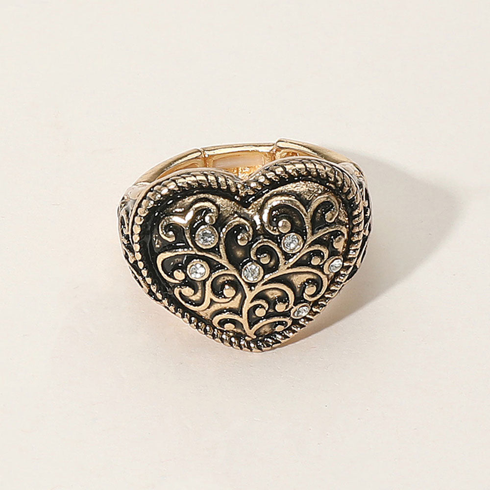 iLLASPARKZ Vintage Stone Paved Heart Filigree Stretch Ring