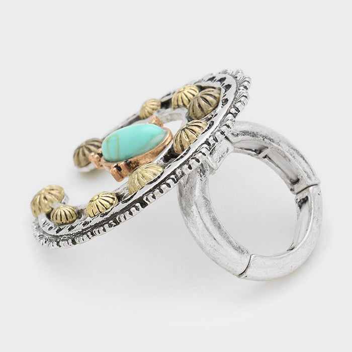 iLLASPARKZ Turquoise detail tribal metal double horn cut out stretch ring