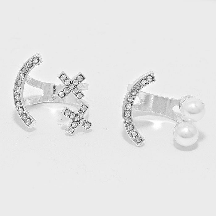 iLLASPARKZ 2-PCS Crystal & Pearl Accented Cuff Ring Set