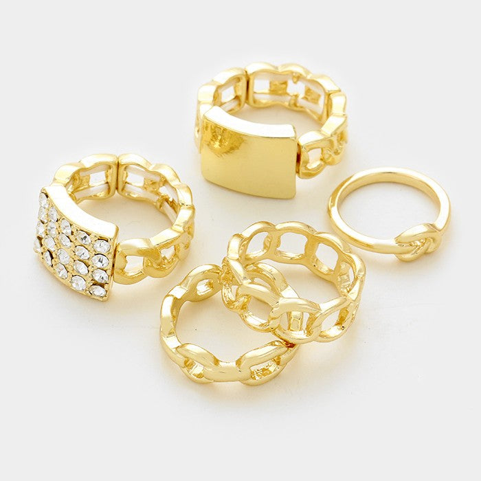 iLLASPARKZ 5 PCS - Mixed metal chain & pave plate stretch rings