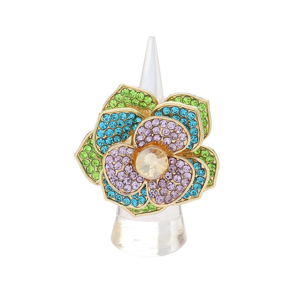 iLLASPARKZ Round Stone Centered Rhinestone Paved Flower Stretch Ring