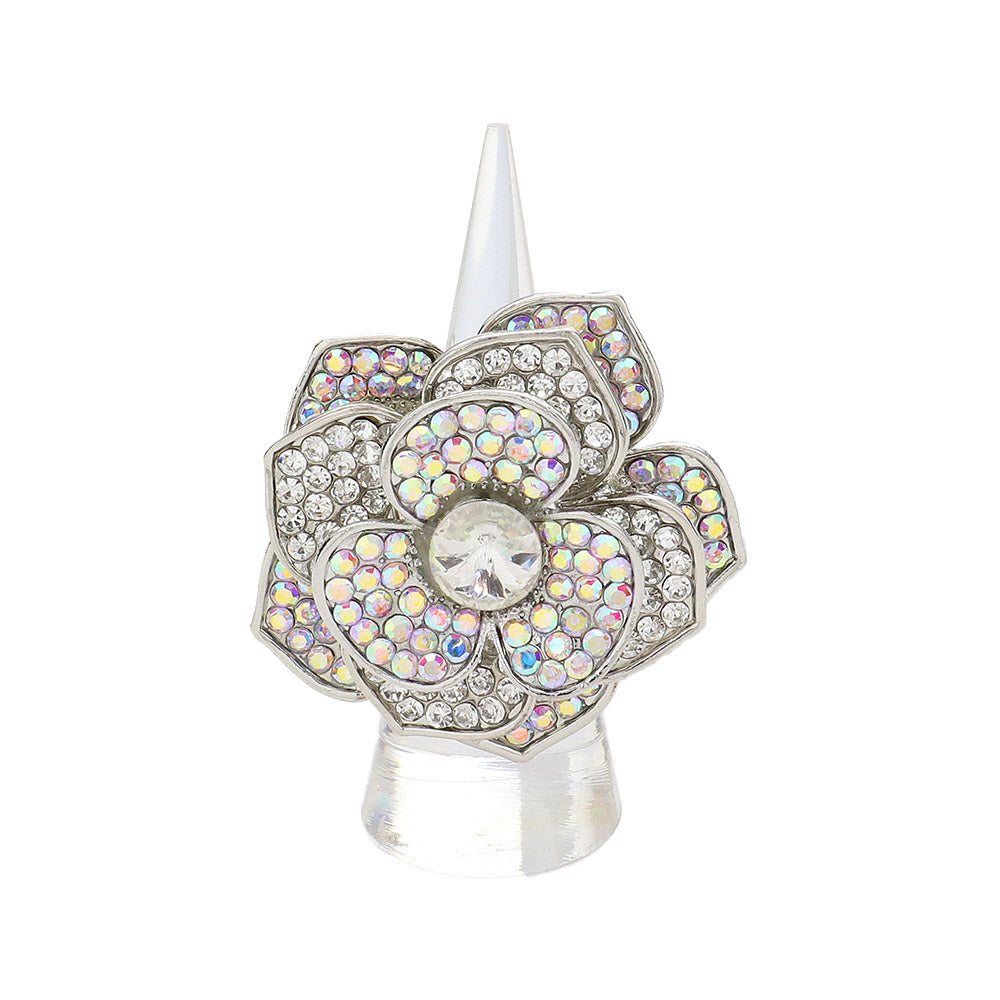 iLLASPARKZ Round Stone Centered Rhinestone Paved Flower Stretch Ring