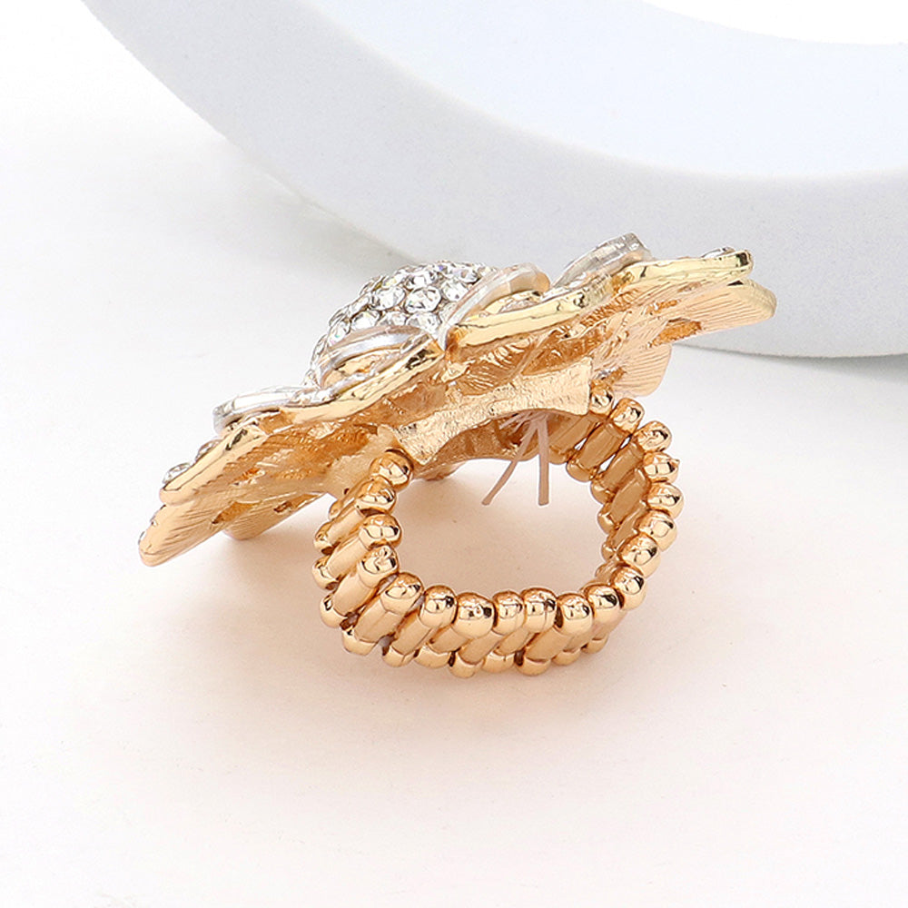 iLLASPARKZ Oval Glass Stone Embellished Rhinestone Paved Flower Stretch Ring