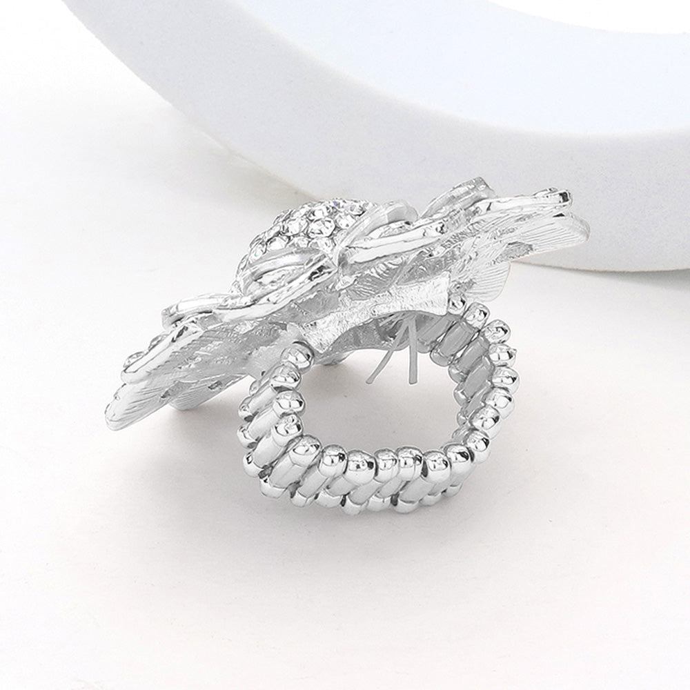 iLLASPARKZ Oval Glass Stone Embellished Rhinestone Paved Flower Stretch Ring