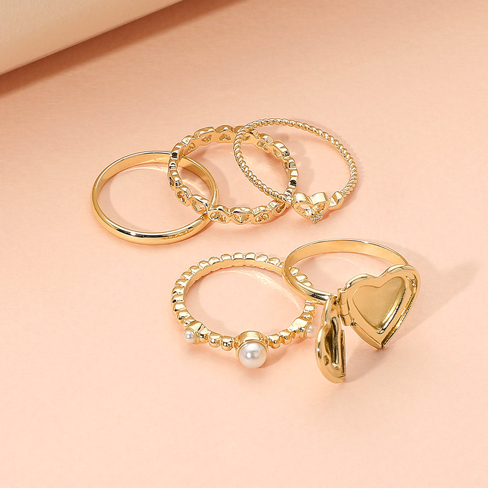 iLLASPARKZ 5PCS - Metal Heart Locket Pearl Stone Dainty Stackable Ring Set