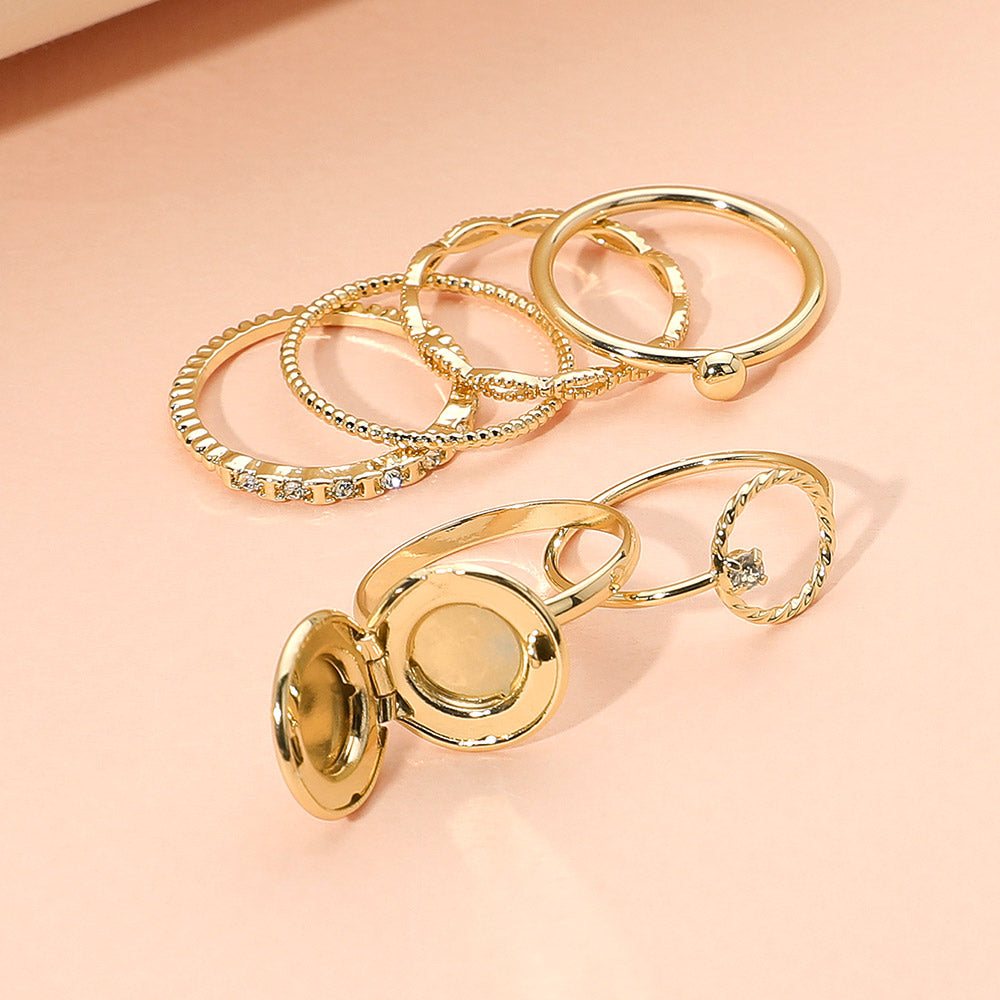 iLLASPARKZ 6PCS - Metal Round Locket Stone Paved Dainty Stackable Ring Set