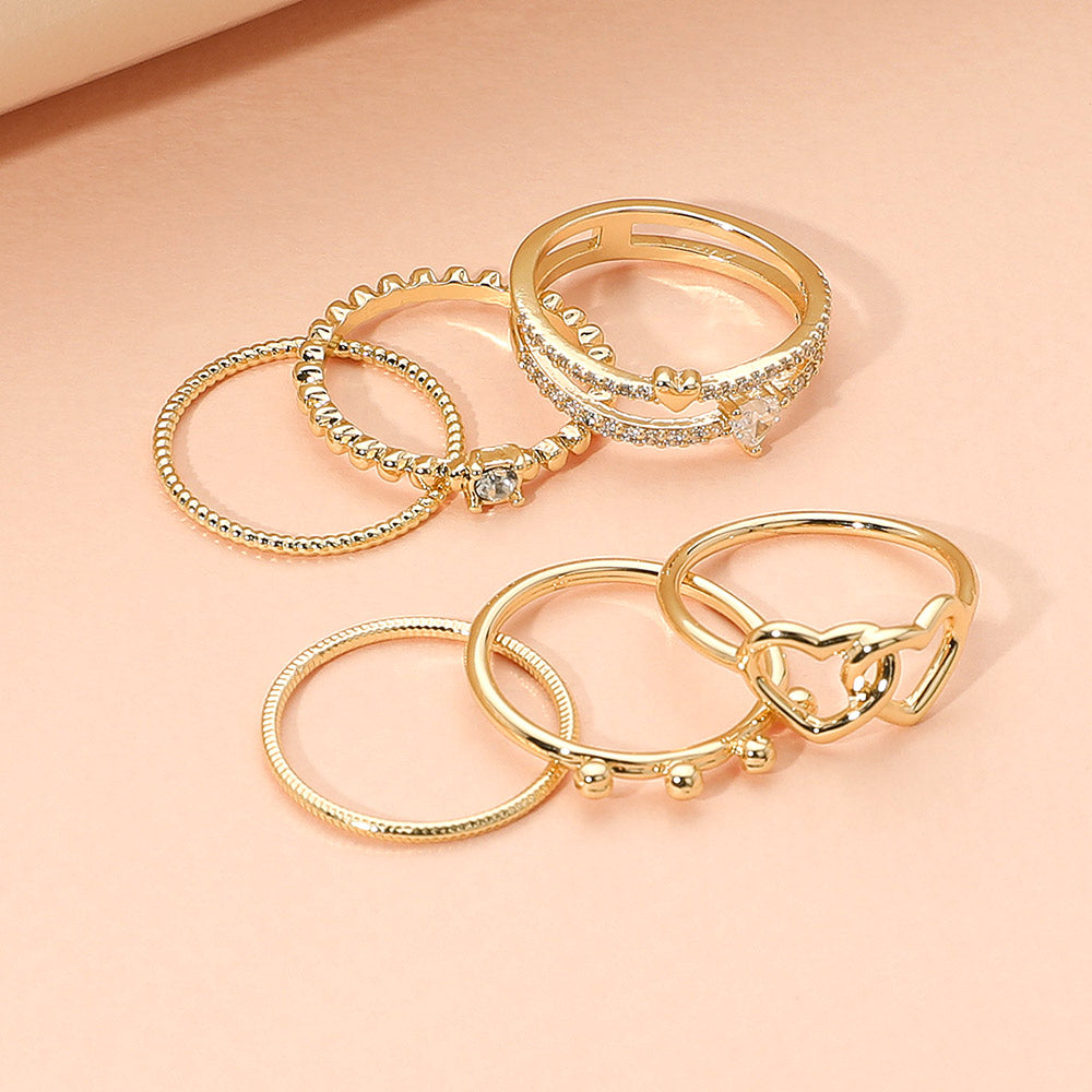 iLLASPARKZ 6PCS - Metal Double Heart Stone Paved Dainty Stackable Ring Set