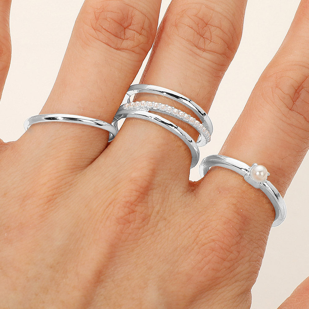 iLLASPARKZ SECRET BOX_3PCS Genuine Silver Dipped Pearl Accented Stackable Fashion Ring Set