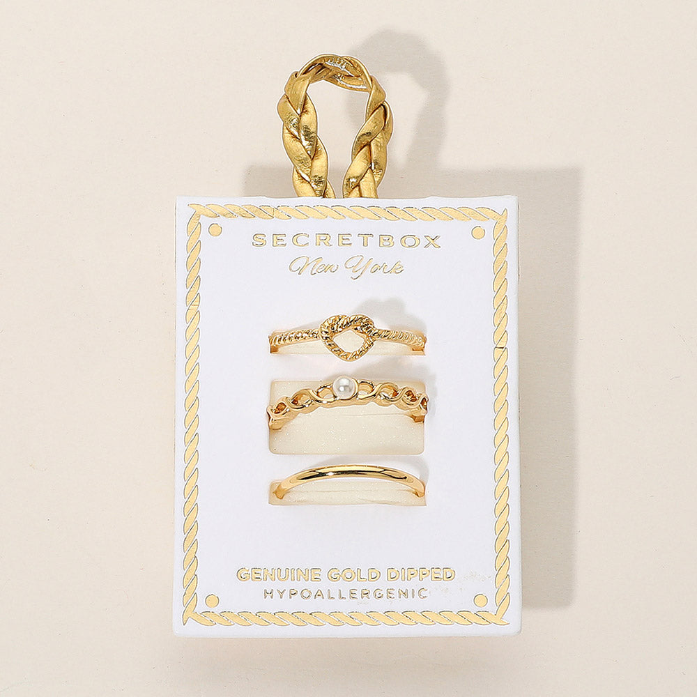 iLLASPARKZ SECET BOX_3PCS Genuine Gold Dipped Heart Pearl Accent Stackable Fashion Ring Set