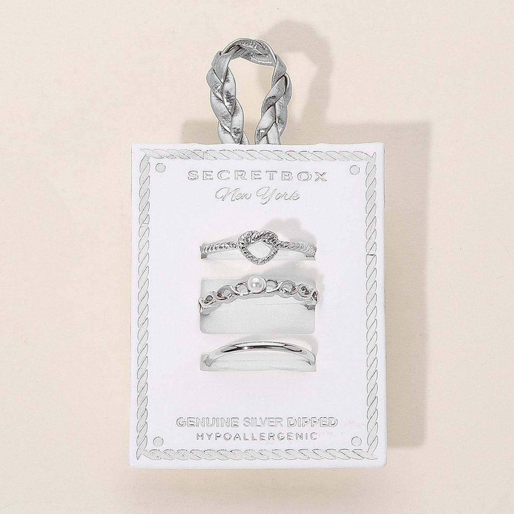 iLLASPARKZ SECET BOX_3PCS Genuine Silver Dipped Heart Pearl Accent Stackable Fashion Ring Set