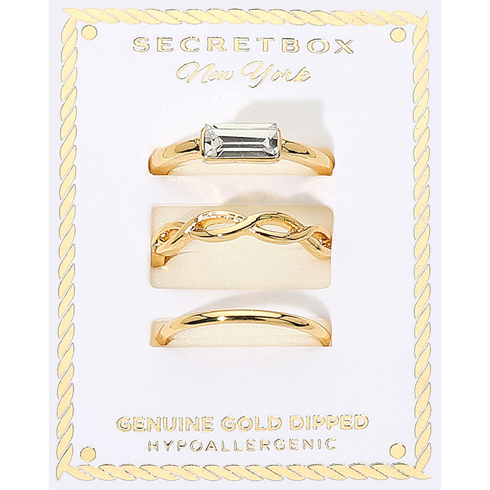 iLLASPARKZ SECRET BOX_3PCS Genuine Gold Dipped Baguette Stone Accent Stackable Fashion Ring Set