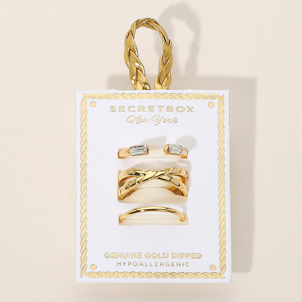 iLLASPARKZ SECRET BOX_3PCS Genuine Gold Dipped Baguette Open Leaf Detail Simple Band Stackable Fashion Ring Set