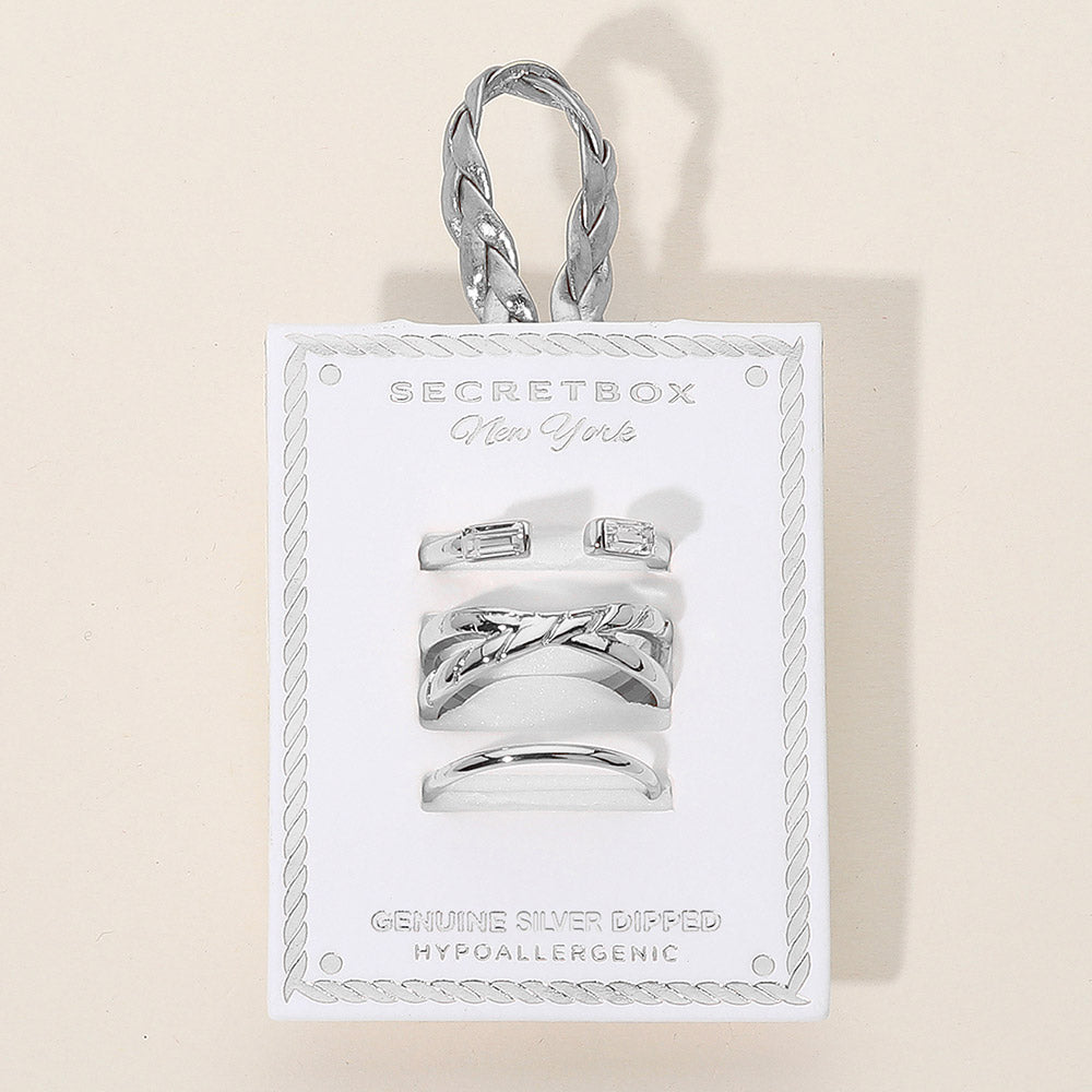 iLLASPARKZ SECRET BOX_3PCS Genuine Silver Dipped Baguette Open Leaf Detail Simple Band Stackable Fashion Ring Set