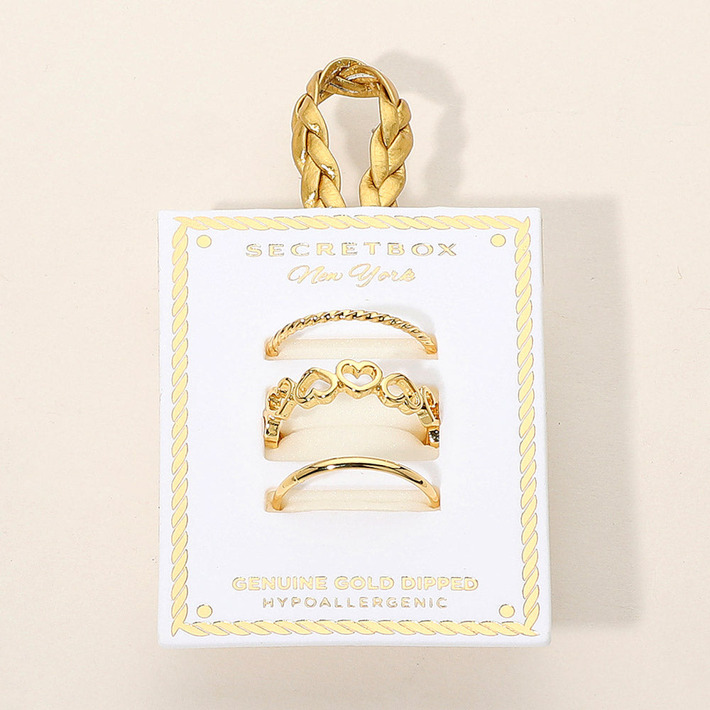 iLLASPARKZ SECRET BOX_3PCS Genuine Gold Dipped Heart Band Stackable Fashion Ring Set