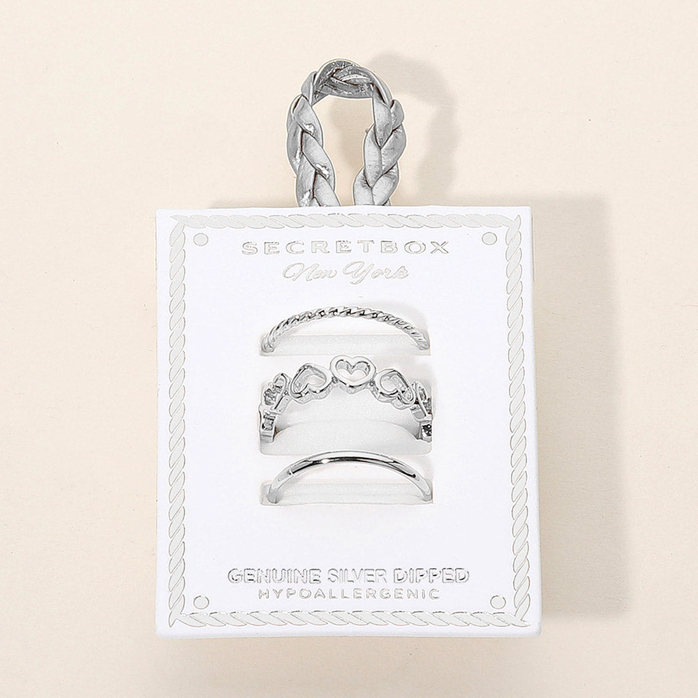 iLLASPARKZ SECRET BOX_3PCS Genuine Silver Dipped Heart Band Stackable Fashion Ring Set