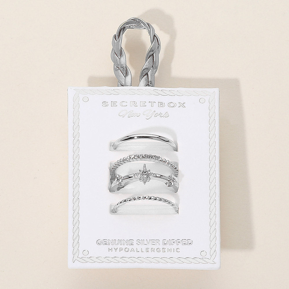 iLLASPARKZ SECRET BOX_3PCS Genuine Silver Dipped Stone Paved Starburst Stackable Fashion Ring Set