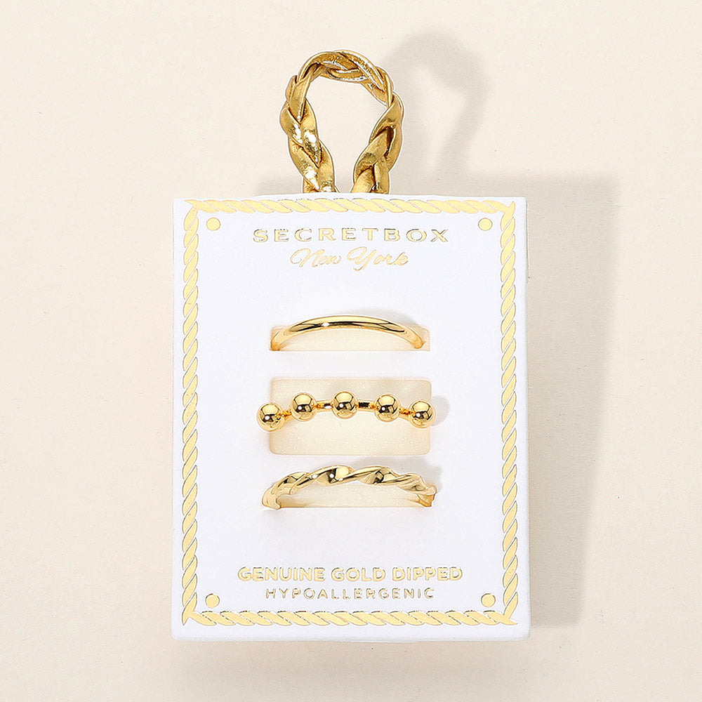 iLLASPARKZ SECRET BOX_3PCS Genuine Gold Dipped Twisted Beaded Sleek Band Stackable Fashion Ring Set