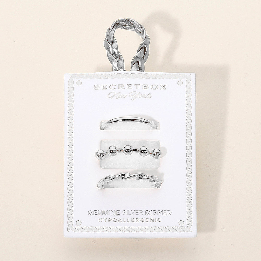 iLLASPARKZ SECRET BOX_3PCS Genuine Silver Dipped Twisted Beaded Sleek Band Stackable Fashion Ring Set