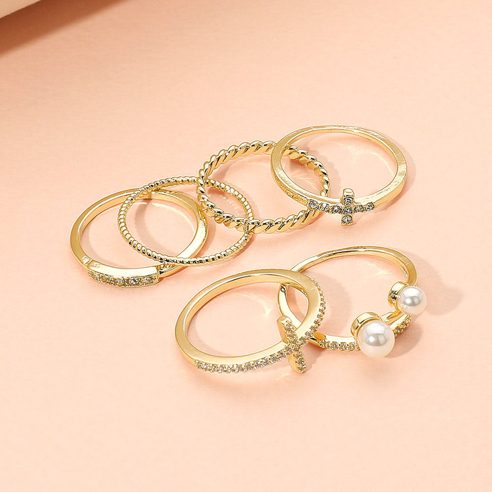 iLLASPARKZ 6PCS - Pearl Accent Stone Paved Cross Dainty Stackable Ring Set
