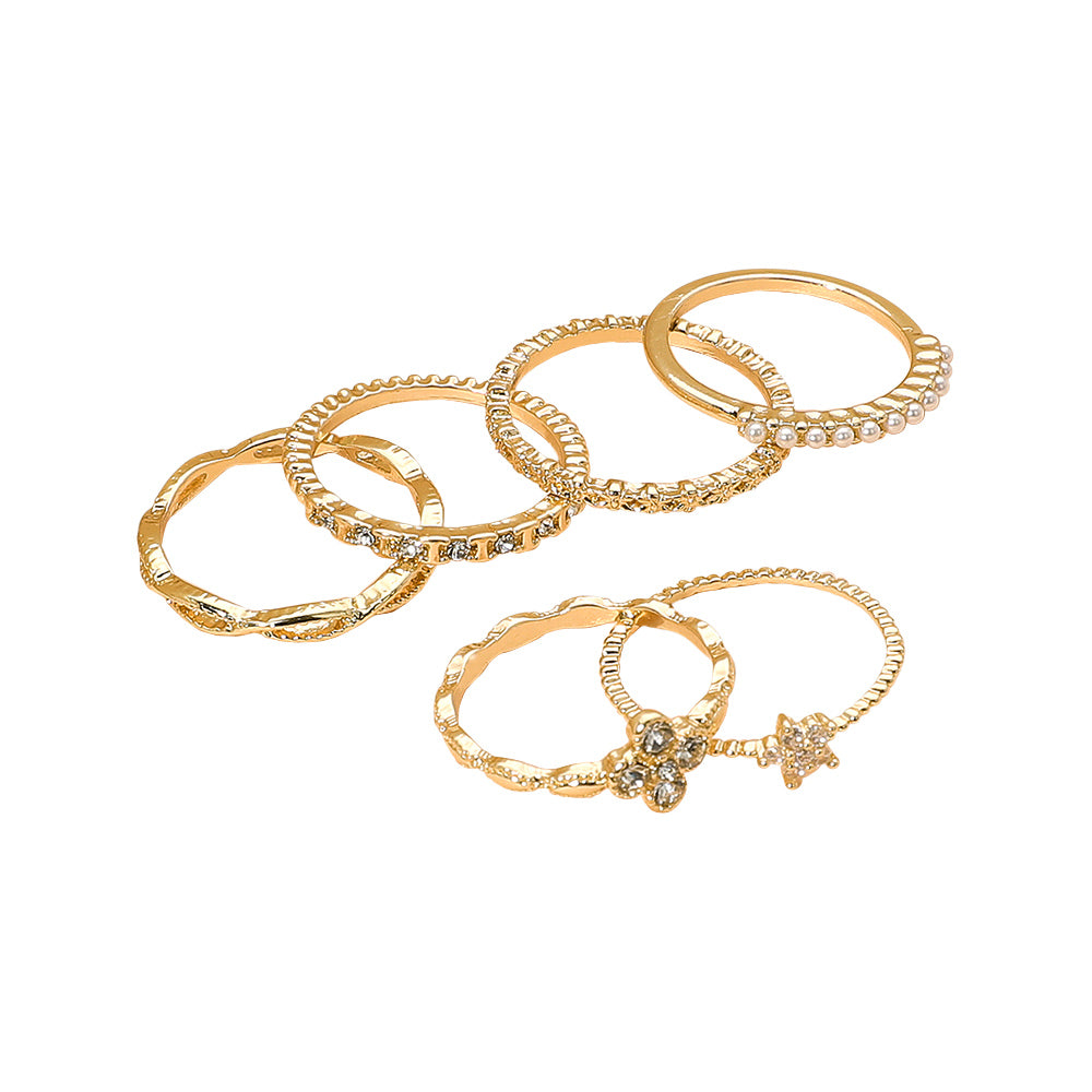 iLLASPARKZ 6PCS - Pearl Quatrefoil Stone Paved Dainty Stackable Ring Set