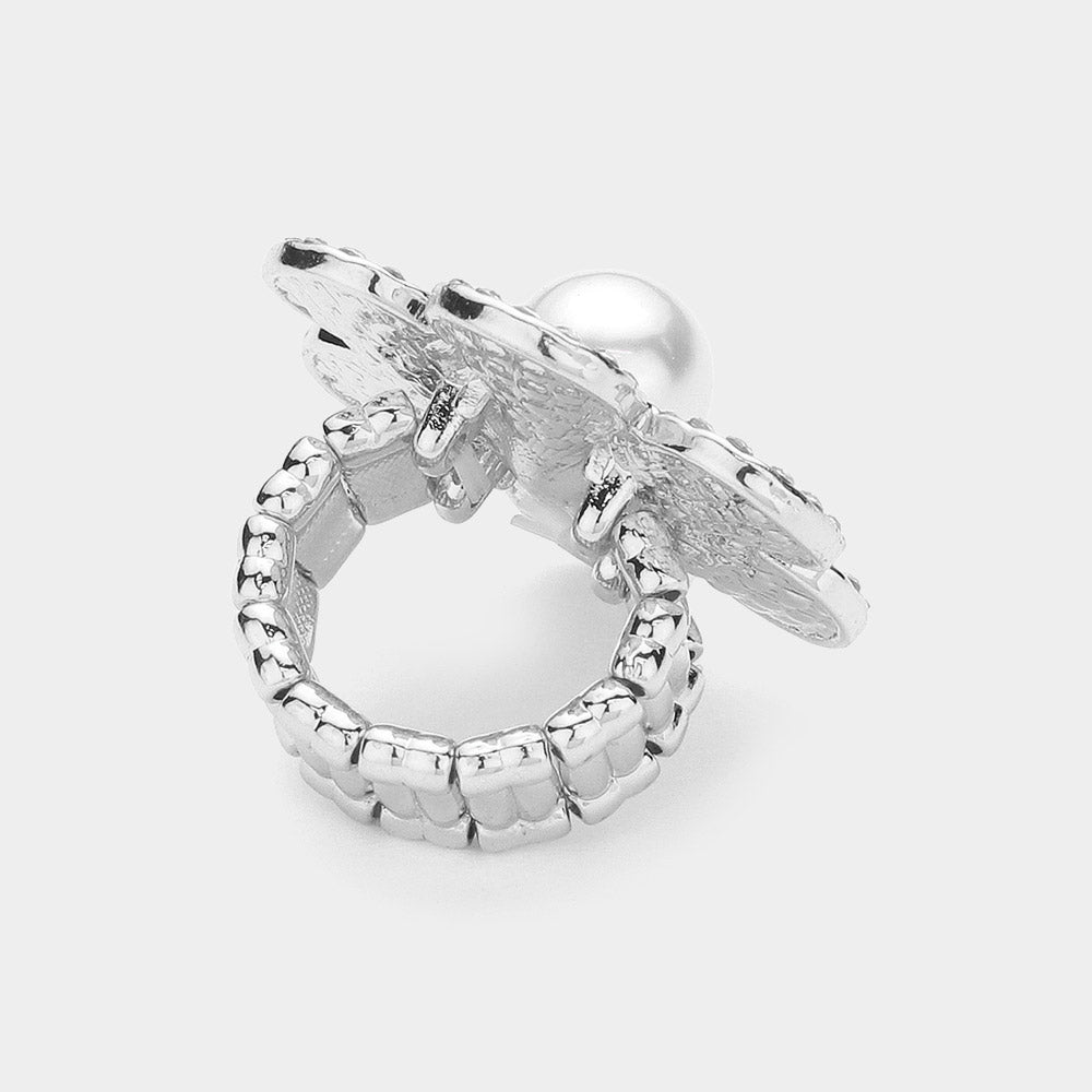iLLASPARKZ Pearl Pointed Stone Paved Flower Stretch Ring
