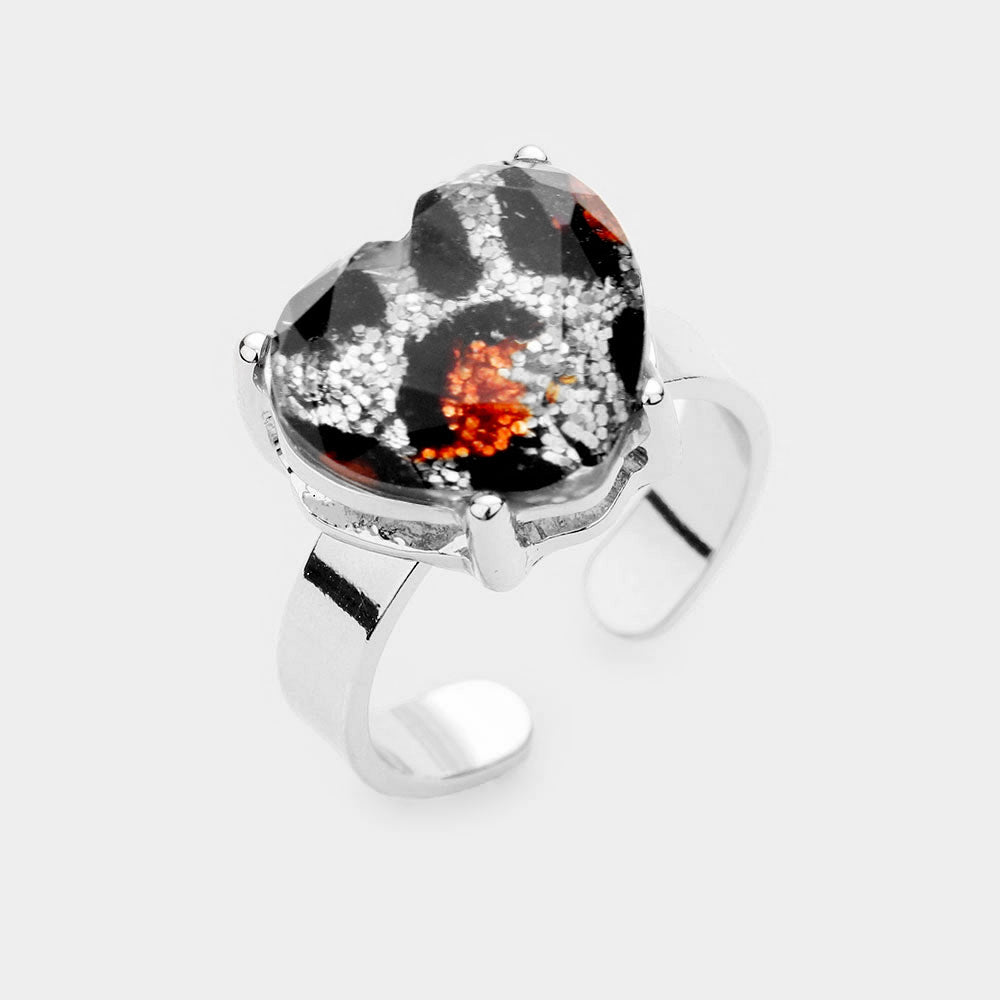 iLLASPARKZ Glitter Leopard Pattern Heart Stone Adjustable Ring