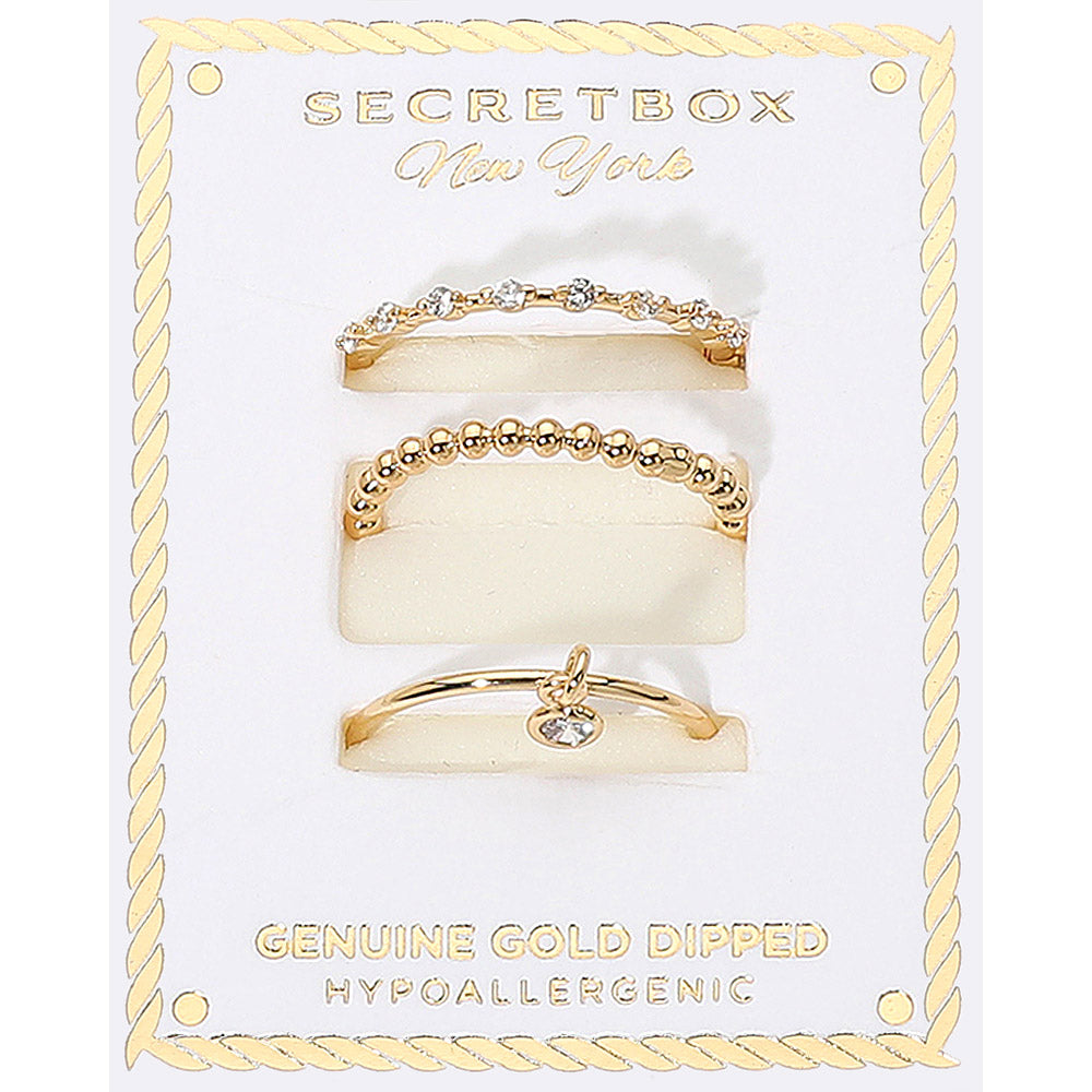 iLLASPARKZ SECRET BOX_3PCS Genuine Gold Dipped Stone Accent Dainty Stackable Fashion Ring Set