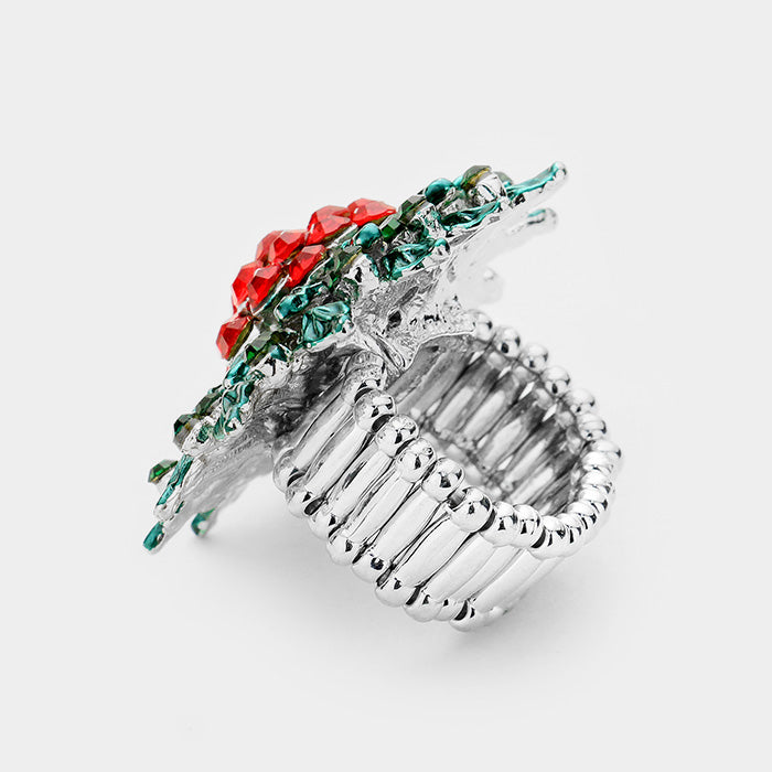 iLLASPARKZ Crystal Christmas Poinsettia Flower Stretch Ring