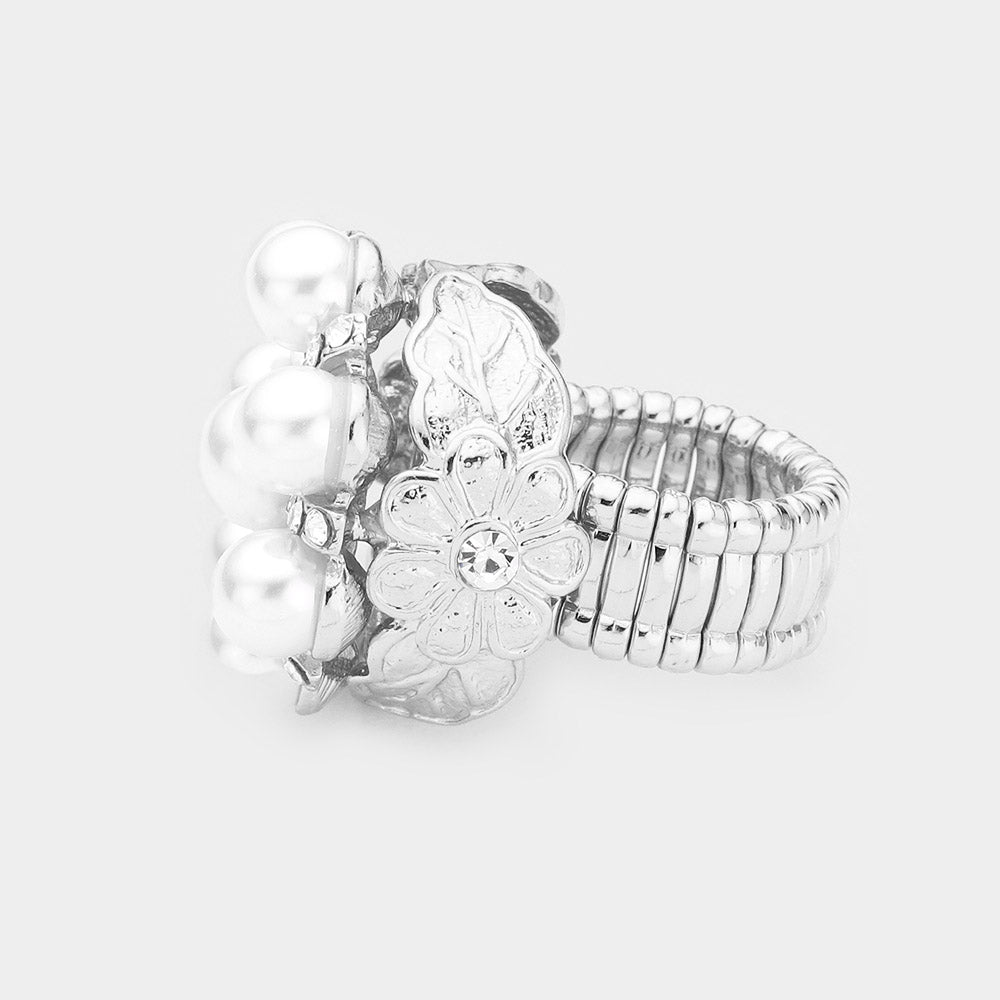 iLLASPARKZ Floral Pearl Crystal Rhinestone Pave Stretch Ring
