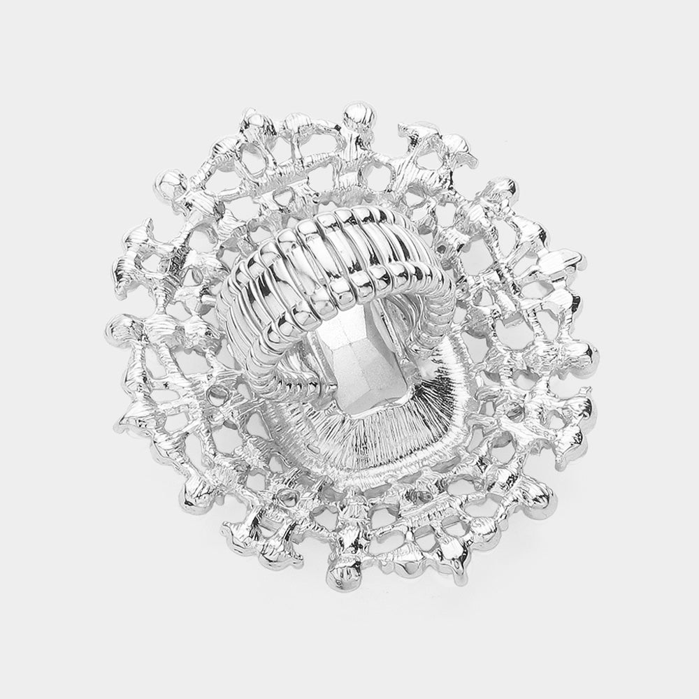 iLLASPARKZ Rectangle Glass Stone Centered Pearl Rhinestone Embellished Stretch Ring