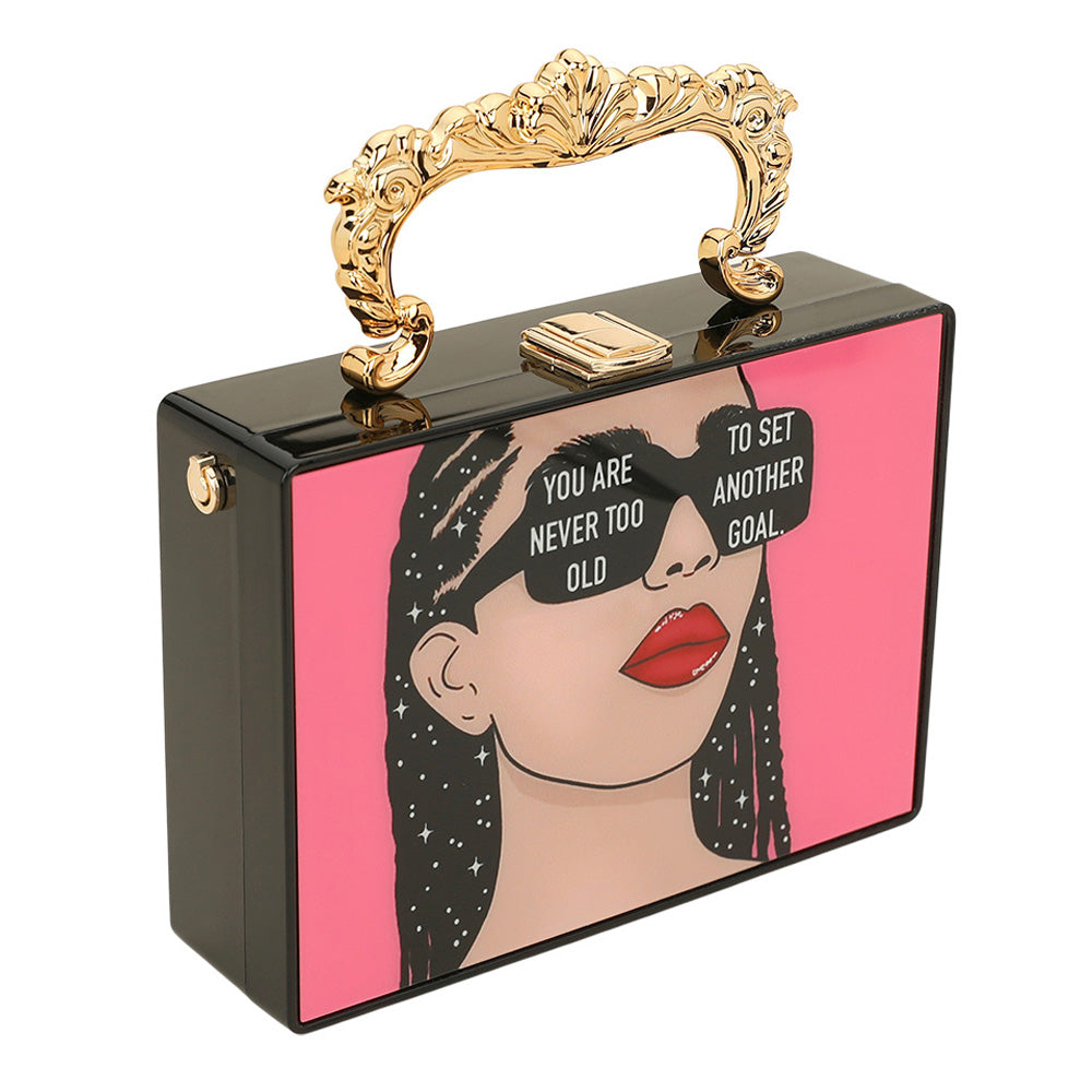 iLLASPARKZ Retro Pop Art Lady YOU ARE NEVER TOO OLD TO SET ANOTHER GOAL Message Printed Box Clutch Bag / Crossbody Bag